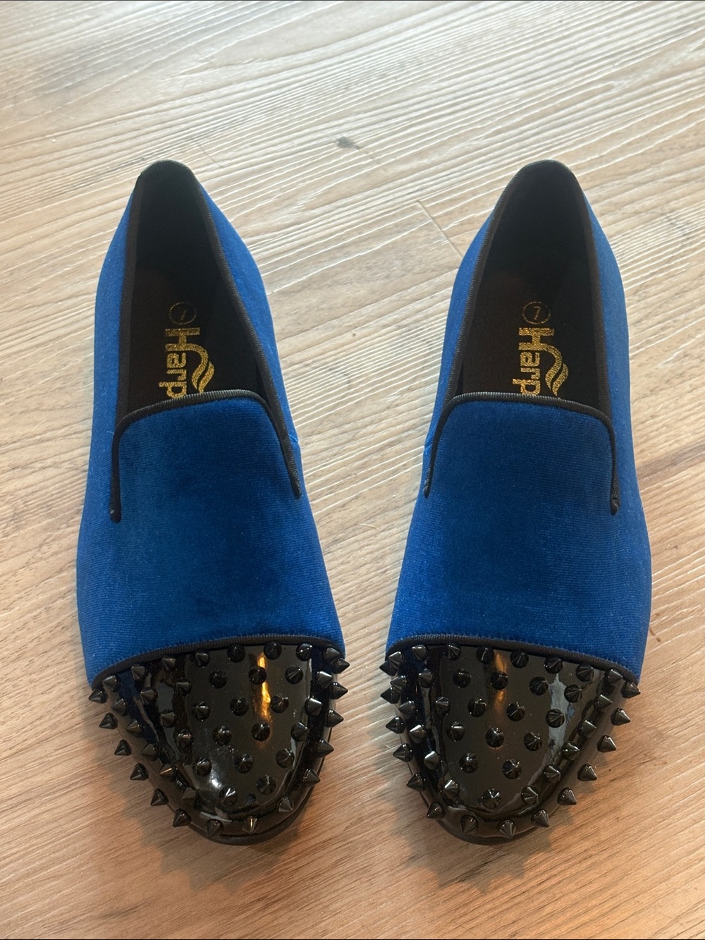 Royal Blue Velvet Loafers with Black Studded Patent Toe - (Brand: Unbranded)